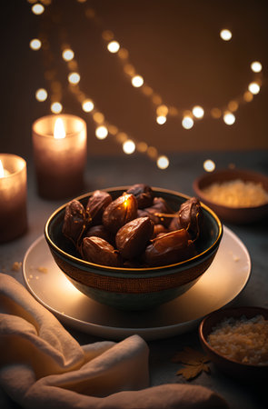 Dates fruit in bowl with sea salt and lit candles on backgroundの素材