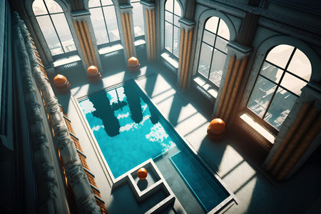 Swimming pool in a modern building. 3d rendering toned imageの素材