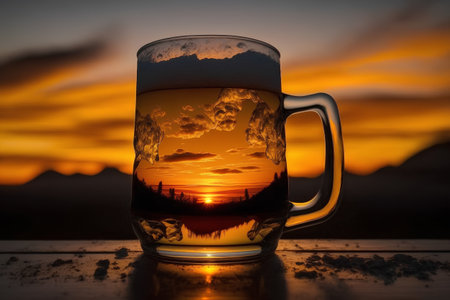 Mug of beer with the image of the sunset on the backgroundの素材