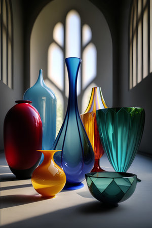 Colorful glass vases in the interior of the church. 3D renderingの素材