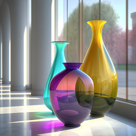 Colorful vases on the windowsill. 3D render.の素材