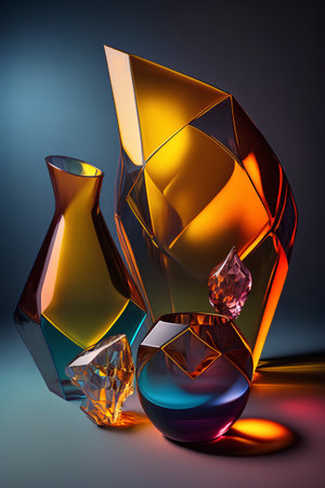 Colorful glass vases on a dark background. 3d renderingの素材
