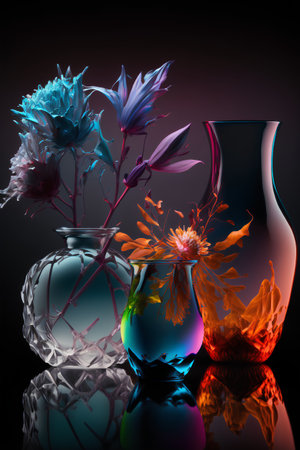 Still life with glass vases and flowers on a black background.の素材