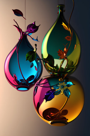 3d illustration of colorful glass vases with flowers and leaves.の素材