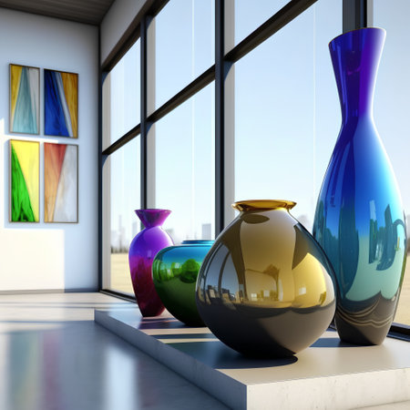 3d render of vase in room with windows and city viewの素材