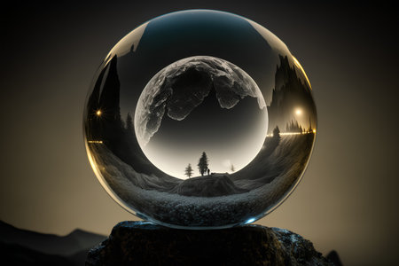 Magic crystal ball with planet earth and trees inside. 3D renderingの素材