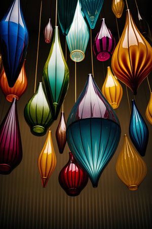 Colorful hanging chandeliers on the ceiling of the store.の素材