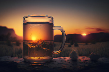 Beer in a glass on a sunset background. 3d rendering.の素材