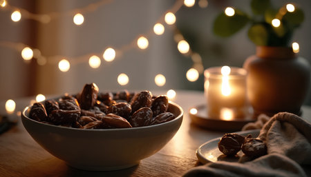 Dates in a bowl on a wooden table with garland lights in the backgroundの素材