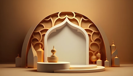 3d render of Ramadan Kareem background with podium and mosque.の素材