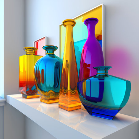 3d illustration of colorful glass vases on the shelf in the roomの素材