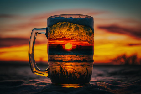 Mug of beer on the beach with sunset in the background.の素材