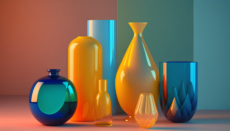 3d render of colorful glass vases on a colorful background.の素材