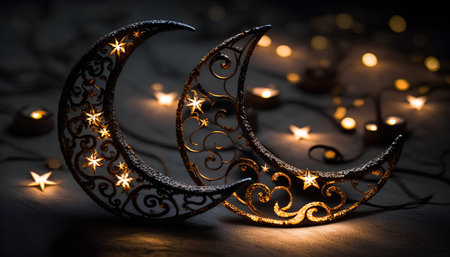 Ramadan Kareem background with crescent moon and burning candles.の素材