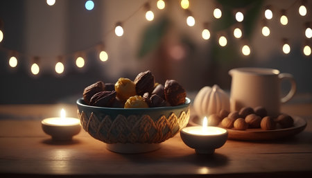 nuts in a bowl on a wooden table with candles and garlandの素材