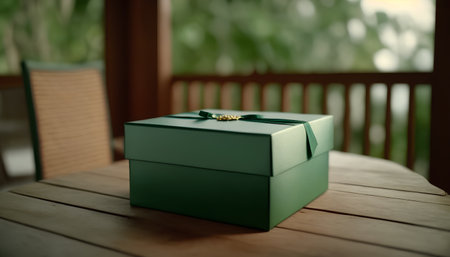 Green gift box on the wooden table in the garden. Selective focus.の素材
