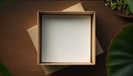 Cardboard box with blank paper sheet on wooden background. Top viewの素材