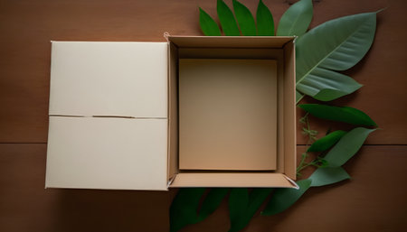 Cardboard box with green leaves on wooden background, top view.の素材