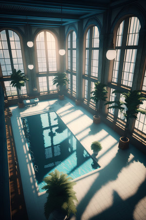 3d render of a swimming pool with palm trees and large windowsの素材
