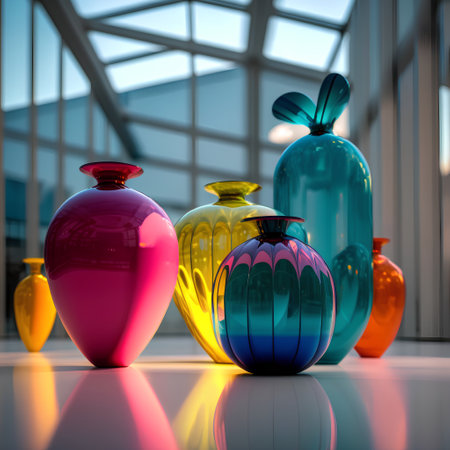 3d rendering of colorful vases in a room with large windowsの素材