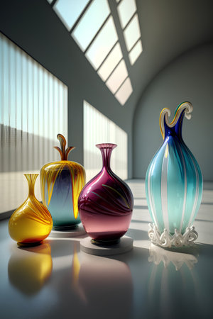 3d render of colorful vases in a room with a large windowの素材