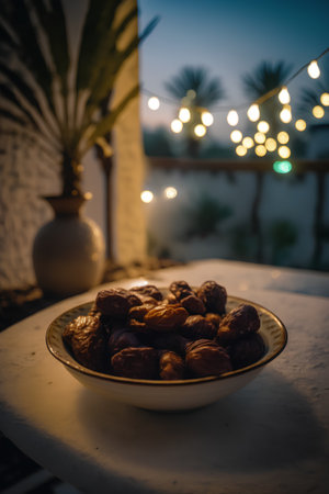 Dates in a bowl on the table. Selective focus.の素材