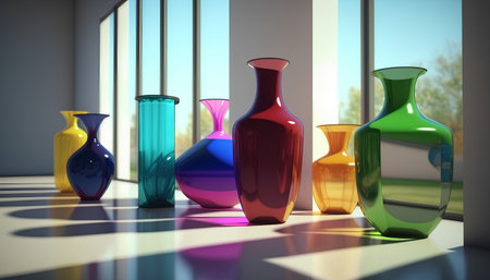 3d render of colorful glass vases in room with window viewの素材