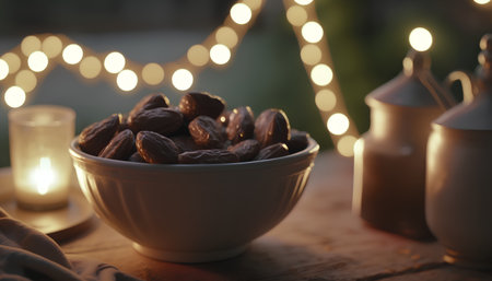 Dried dates in a bowl on a wooden table with bokeh backgroundの素材