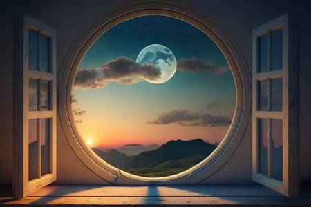Open door to the fantastic landscape with moon and stars in the skyの素材