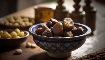 Dates fruit and nuts in bowl on wooden table. Selective focus.の素材