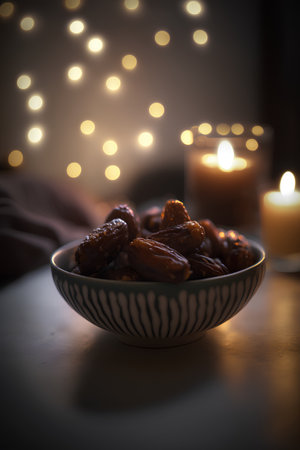 Dates fruit in a bowl on a table with candles in the backgroundの素材