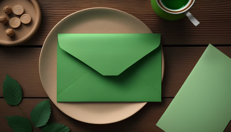 Envelope and cup of coffee on wooden table, top viewの素材