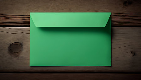 Green envelope on a wooden background. Top view. Copy space.の素材