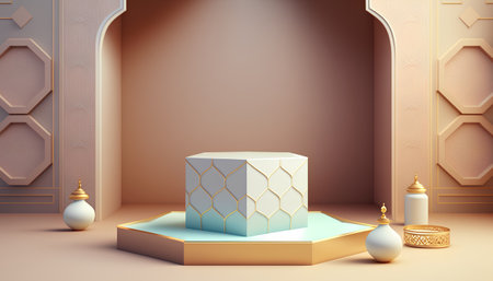 3d render of podium for product presentation with arabic patternの素材