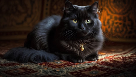 Beautiful black cat lying on the carpet and looking at the cameraの素材