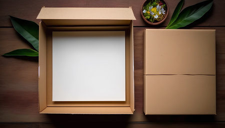 Cardboard box on wooden background. Top view with copy space.の素材