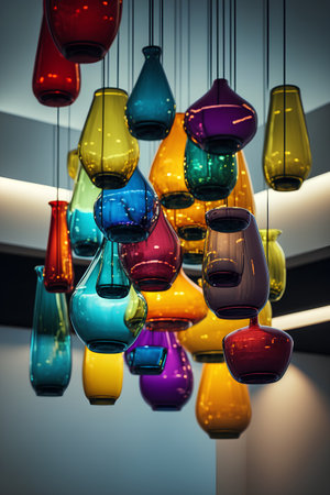 Colorful glass vases hanging on the ceiling. 3d renderingの素材
