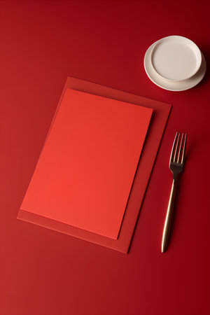 Top view of red table setting with empty plate, fork and knife on red backgroundの素材