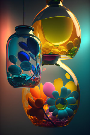 3d rendering of glass vase with colorful flowers inside on dark backgroundの素材