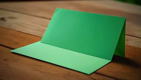 Green business card on a wooden table. Close-up image.の素材
