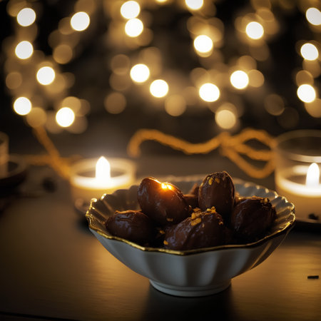 Dates in bowl with burning candles and bokeh on backgroundの素材