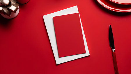 Blank business cards mockup on red background. Template for branding identity.の素材