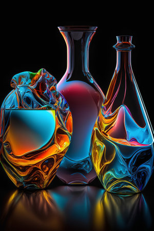 Colorful glass vases on black background. 3D illustration.の素材
