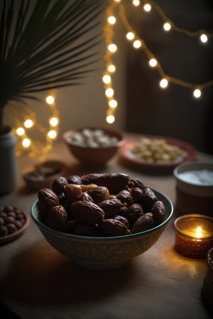 Dates fruits in bowl on wooden table with defocused lights.の素材