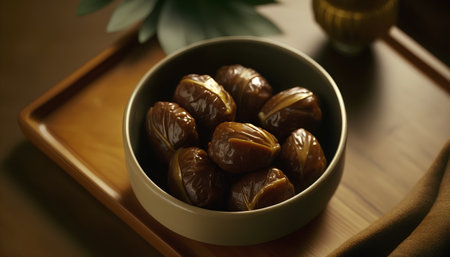 Dates in a bowl on a wooden background. Selective focus.の素材