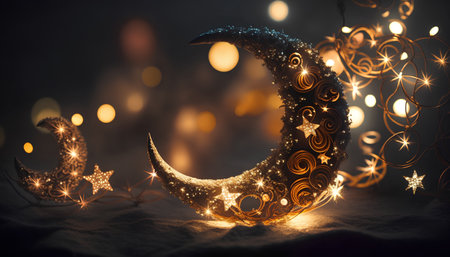Golden crescent moon with stars and bokeh lights. Ramadan Kareem concept.の素材