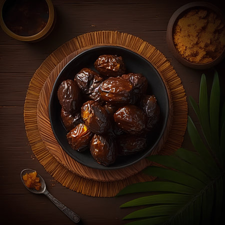 Dates fruit in bowl on wooden background. Top view with copy spaceの素材