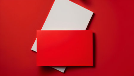 Blank business cards on red background. Mockup for branding identity.の素材