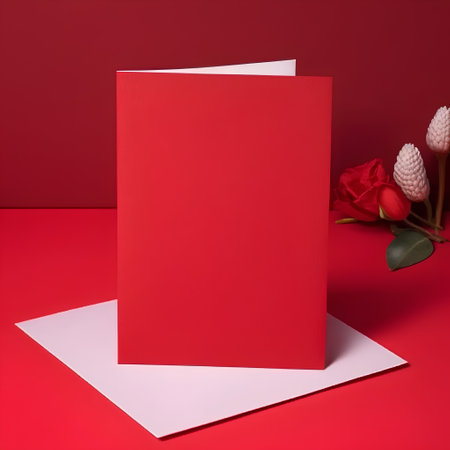 Red blank letterhead on a red background with a vase of flowersの素材