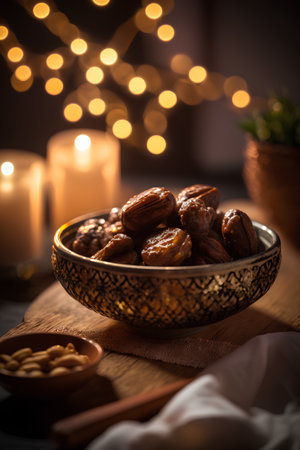 Dried dates in a bowl on a wooden table. Selective focus.の素材
